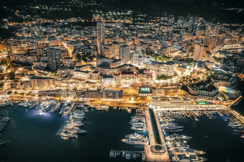 an aerial view of a city at night